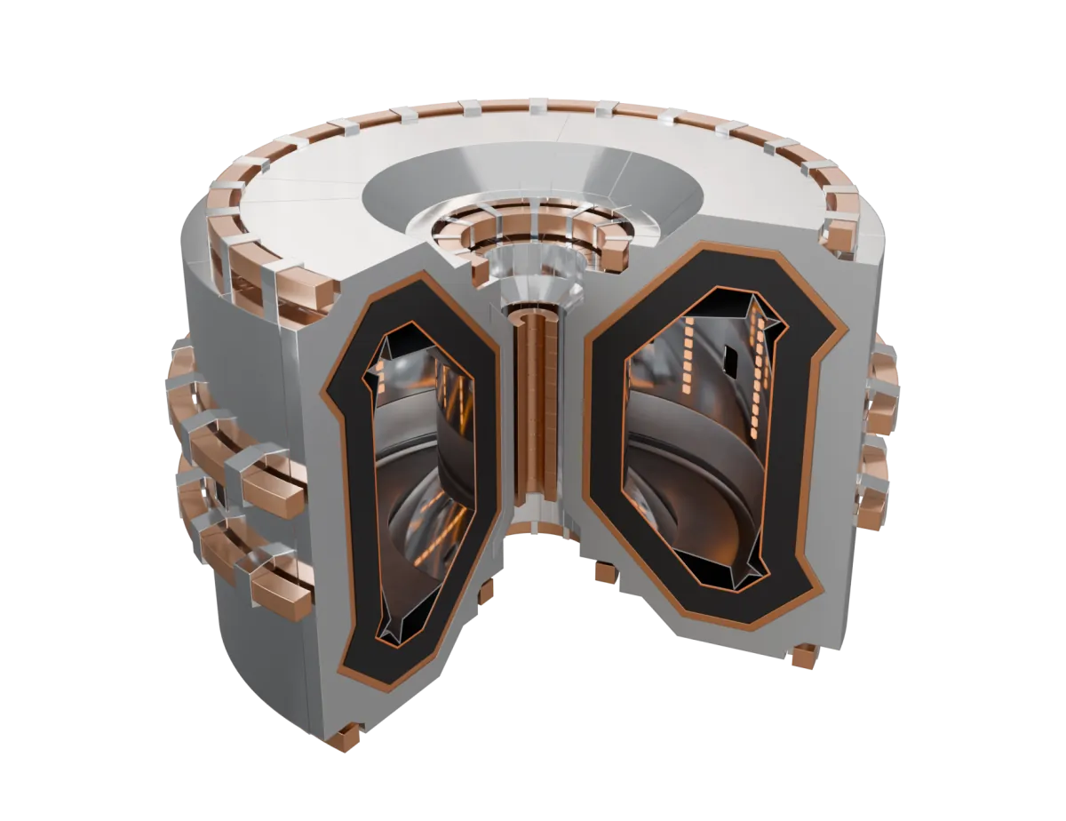 Cutaway of the Anvil C tokamak: a wedge of the steel vessel and copper coils opened to show the black shield, the chamber and the central solenoid inside
