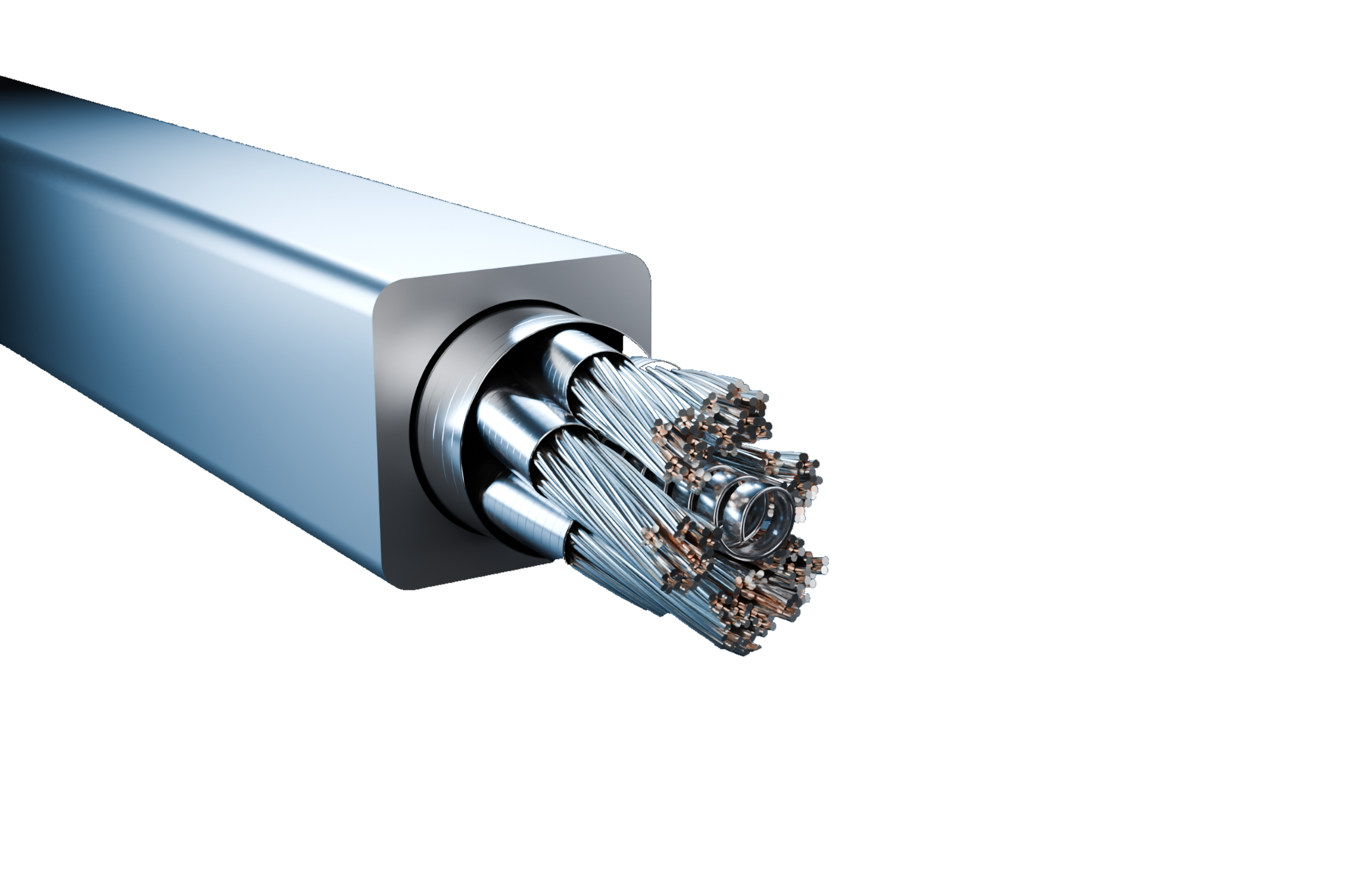 A superconducting cable running in from the edge of the frame, its square sheath cut open to show the bundled strands inside